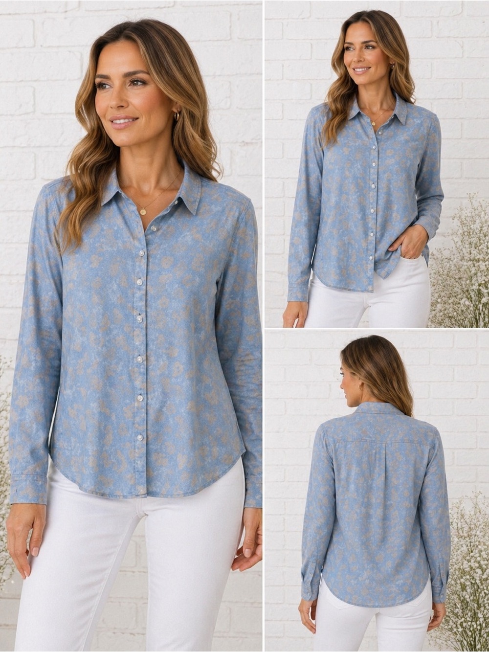 J. McLaughlin Lois Long Sleeve Button Down Shirt in Blue Tan Print Size 12